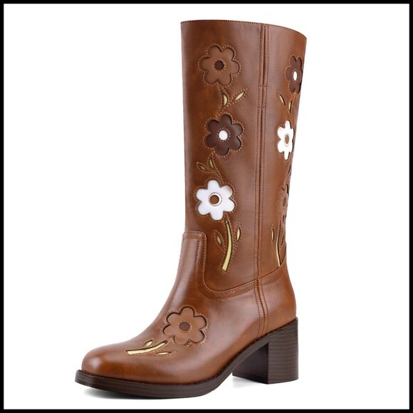 Knee High Boots Square Toe Chunky Heel Boho Floral Appliqué Vintage Inspired